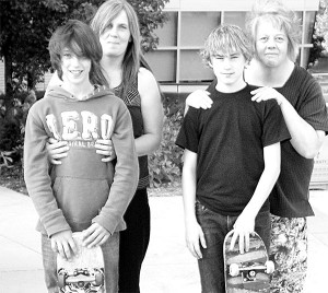 Laura and Tyler Hinkle, and Cyndi and Dan Burnett <span class='credit'>Photo by Andrika Lyons</span><span class='description'>(L-R)Laura Hinkle with son Tyler Hinkle,13 and Cyndi Burnett with son Dan Burnett, 14. Laura and Cyndi work toward the establishment of a skate park in Big Rapids, currently planning fundraising for the estimated $150,000 - $200,000 project.</span>