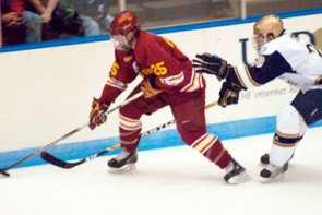 LBlair Riley (#25) is nominated for the Hobey Baker award one of the highest scorers in the CCHA and the top scorer for the Bulldogs. Photo courtesy Joe Gorby, Ferris State Athletics