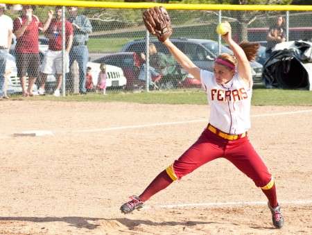 Trail of Strikes: Senior Kayle Stevenson pitches against Grand Valley during last week’s game giving away only three hits and helping the team toward a final 2-0 triumph. Photo By: Kristyn Sonnenberg | Photo Editor