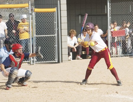 Play Ball: Senior Rhea Flores steps up to the plate at a recent game. The Bulldogs took a trip to Hillsdale this weekend to beat the Hillsdale Chargers 6-1, bringing Ferris to a 6-3 record in the GLIAC conference games and 15-10 overall. Photo By: Kristyn Sonnenberg | Photo Editor