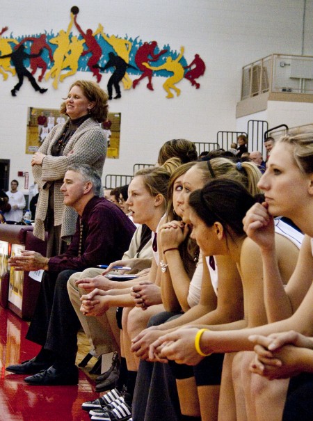 Coach Dorow: Basketball head coach Tracey Dorow looks on as her team tries to make her proud. The 2009-2010 women’s basketball team finished the season with an 8-19 record. Torch File Photo