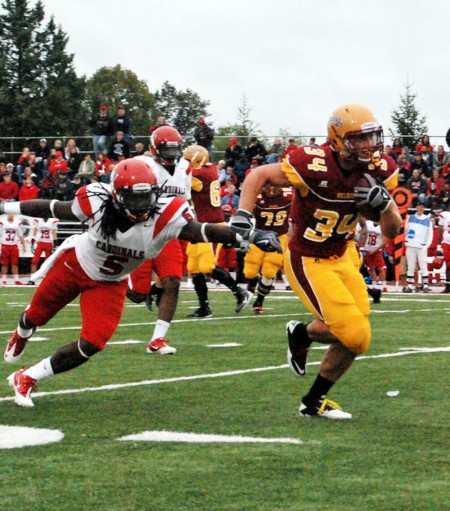 On a Roll: The Ferris State football team defeated Ohio Dominican on Saturday, Sept. 18 by a score of 34-28. Sophomore running back Skyler Stoker evades a Cardinal defender during the Bulldogs’ victory over Saginaw Valley State last week. Torch File Photo On a Roll: The Ferris State football team defeated Ohio Dominican on Saturday, Sept. 18 by a score of 34-28. Sophomore running back Skyler Stoker evades a Cardinal defender during the Bulldogs’ victory over Saginaw Valley State last week. Torch File Photo